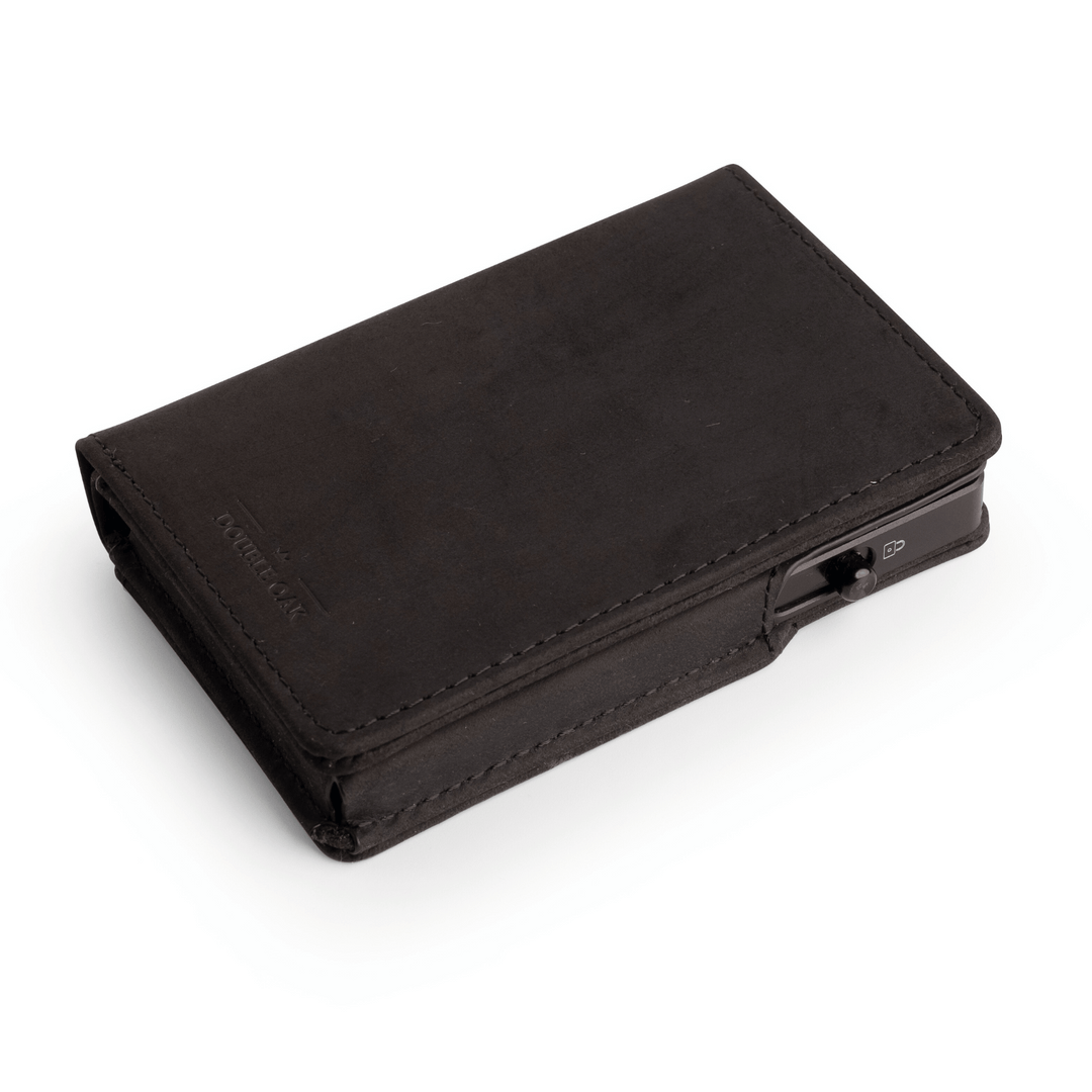 Esenciales de roble doble | Cartera minimalista de cuero | Edición de medianoche | Cartera delgada con bloqueo RFID | Negro 